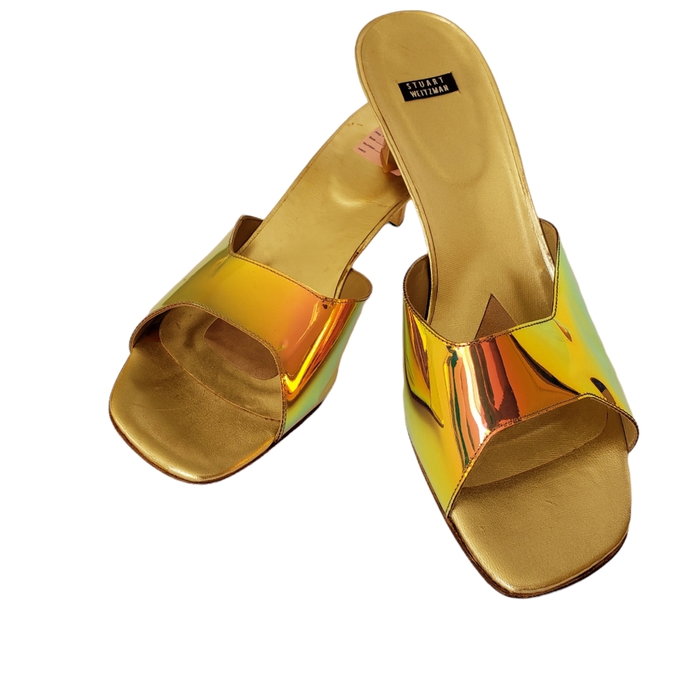 Stuart Weitzman Gold Iridescent Heeled Sandals, Size 11 NWT